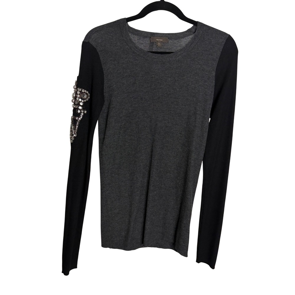Vera Wang 100% Cashmere Sweater Gray Black Colorblock Crystal Crown Embellished